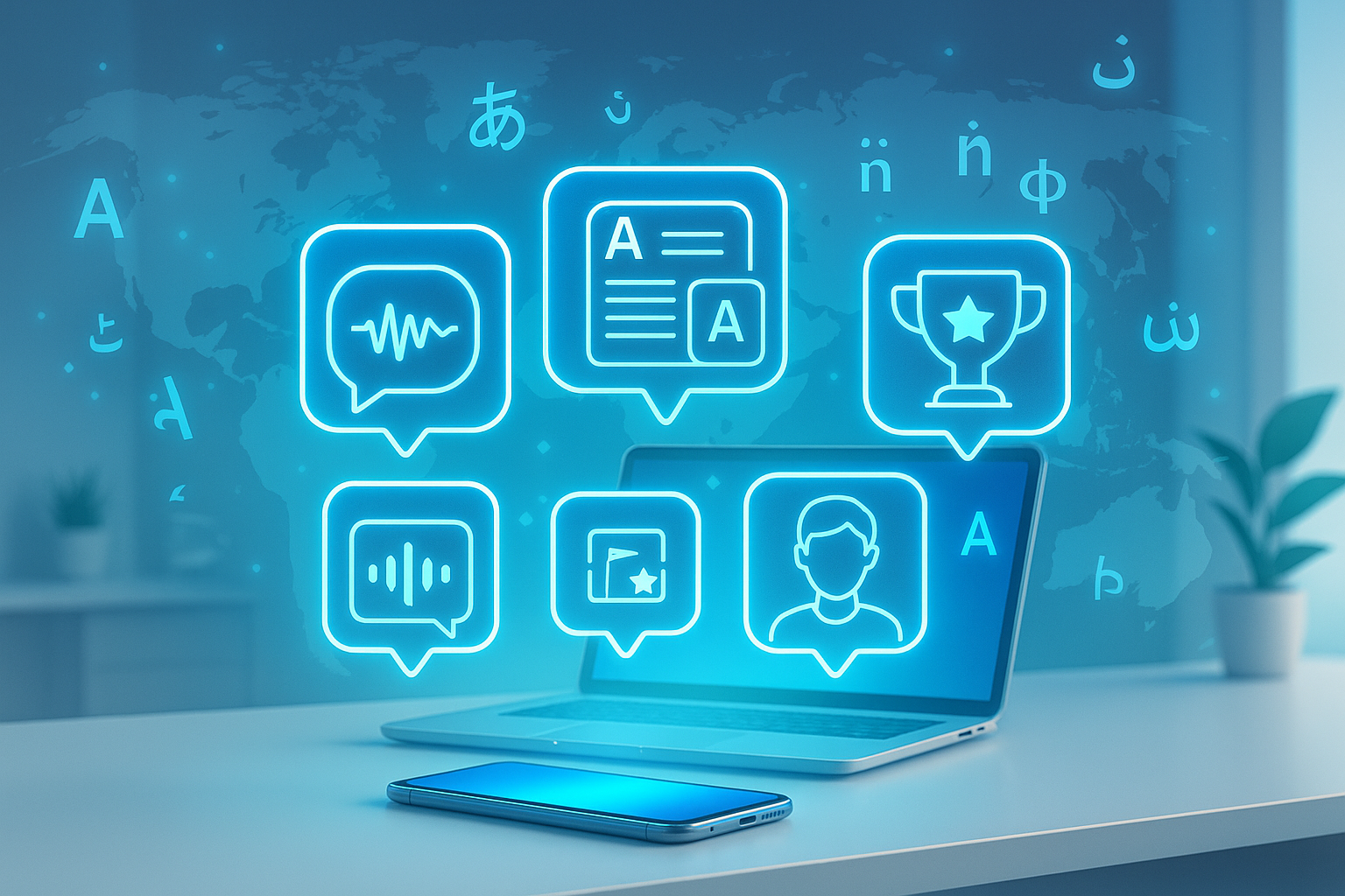 Sleek digital collage of five futuristic AI language learning apps with holographic icons above a smartphone and laptop, set in a bright modern workspace with glowing multilingual characters.